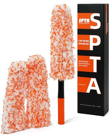Microfiber Wheel Brush, SPTA Removable Car Wheel Cleaning Brush with 2 Interchangeable Microfiber Covers, Bendable, Firm Rim Cleaner Brush for Wheel Cleaning, Long Non-Slip Handle and Flat Head