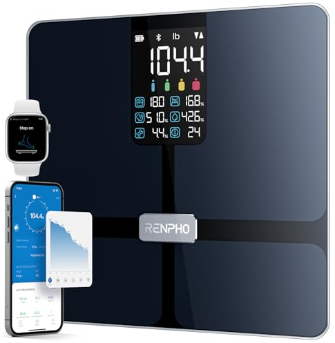RENPHO Körperfettwaage mit großem Display, Personenwaage Ultrapräzise Waage mit Körperfett und Muskelmasse, Trend, Smart Waage Personen mit App, ITO Körperwaage, Schwarz, Elis 2X