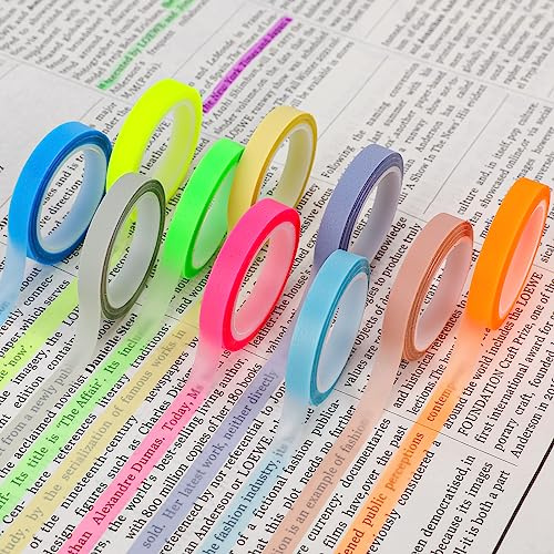 10 rollos de cinta adhesiva transparente de colores, extraíble, fluorescente, rotulador, para estudiantes, profesores, lectura, notas en clase (0,6 cm x 5 m)