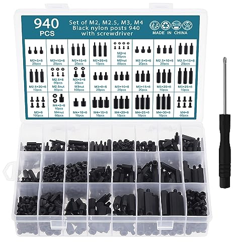 HSEAMALL 940 st nylon hex standoff avståndshållare skruv mutter M2 M2.5 M3 M4, svart yttre gänga pelare PCB moderkort standoff skruv
