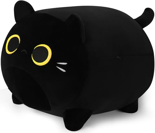 15.74 inch Black Cat Plush Kitten Plush Pillow Stuffed Black Cat Gold Eyes Hugging Pillow Chubby Plushies Kitten Stuffed Animal Soft Toy, Christmas/New Year Gift for Boys Girls