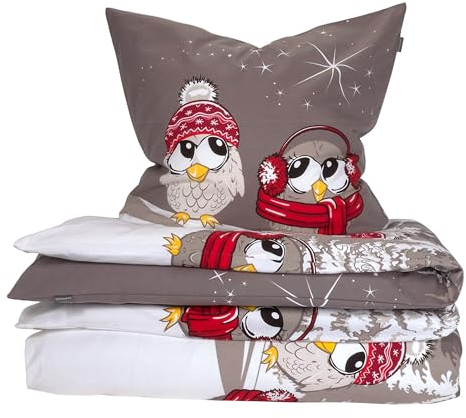 Schiesser Juego de ropa de cama de invierno Olsona con bonito estampado de búhos en suave franela de calidad, color gris, tamaño: 135 cm x 200 cm