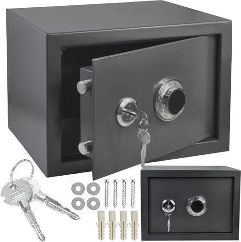 ALSTEN TECH Tresor Möbeltresor Safe Mechanisches Kombinationsschloss + Doppelbartschloss Schranksafe Geldschrank Grauer Wandtresor 35x25x25 cm 10 KG