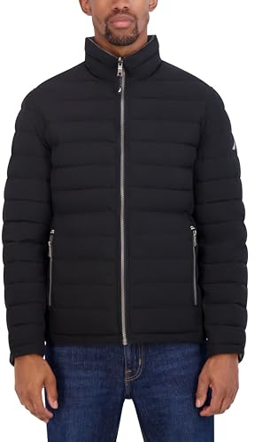 Nautica Men's Reversible Quilted Puffer Jacket –Midweight Mechanical Stretch Winter Coat, Black/Grey, X-Large