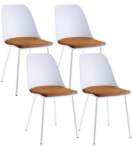 JYMTOM 4er-Set Esszimmerstuhl aus Kunststoff, Skandinavische Garten Stühle mit orange Samt-Polsterung und weißen Metallbeine für Garten, Esszimmer Küche und Restaurant, 82 * 54 * 43 cm (4, Orange)