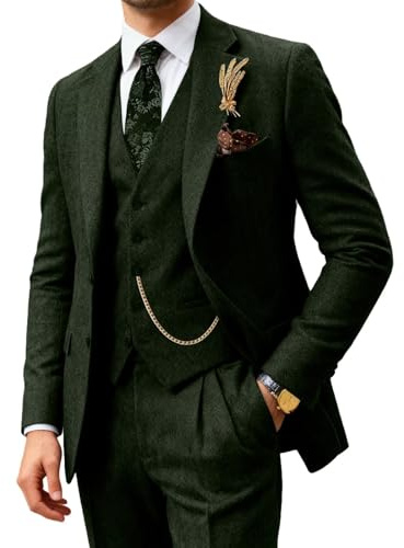 Retro-Herrenanzug, 3-teilig, Tweed, Fischgrätenmuster, Herrenanzüge, Wolljacke, Smoking, Hochzeit, Bräutigam, Blazer, Weste, Hose, Set, Abschlussball, Grün, L