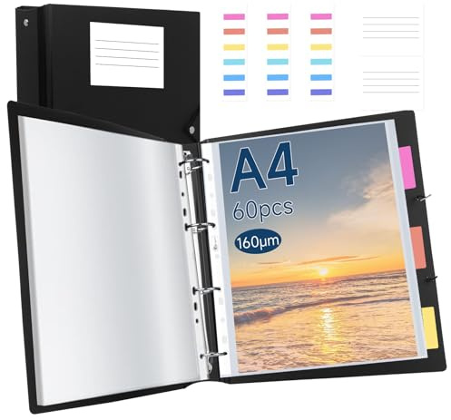 Agoer Classeur A4 4 Anneaux de Présentation, avec 60 Pochettes Plastique Perforées, Corde de Sécurité, 2 Sac d'insertion de Carte et Pages de Séparation, Dossier de Projet pour L'école, Bureaux