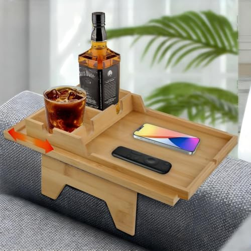 Mapille Bandeja para Brazo de Sofá de Bambú 2-en-1 con Portavasos y Soporte para Tablet, Mesa para Brazo de Sofá 10-20 cm para Bebidas, Snacks y Mandos