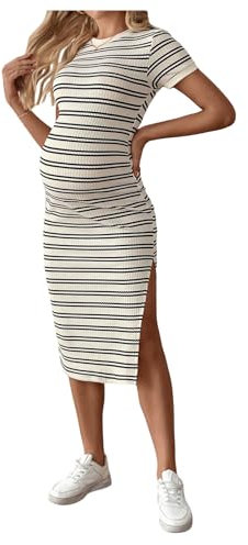 GORGLITTER Women's Maternity Short Sleeve Dresses Ribbed Striped Crewneck Split Midi Pregnancy Dress Khaki Medium