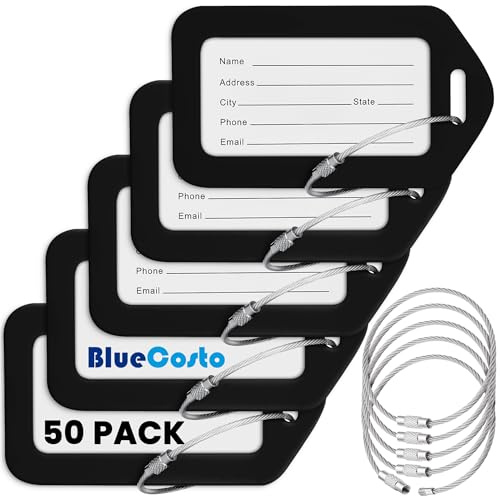 BlueCosto - Luggage Tags - Black, 50 Pack - Suitcase Tags with Name ID Card & Heavy-Duty Metal Wire Loops - Bright Coloured PVC Identifiers for Travel Baggage - Backpack Name Labels
