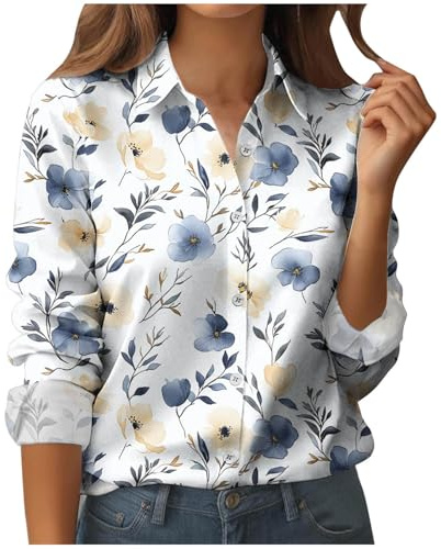 SYDUZAX Long Sleeve Shirts for Women UK Button Down Shirts Floral Retro Print Loose Fit Roll Up Long Sleeve Tunic Top Collar Business Casual Blouse Ladies Tops Spring Fall Clothes for Work Office