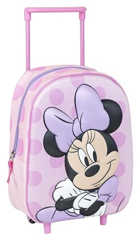 Sac à dos à roulettes Minnie Mouse original Disney avec poignée extensible | Sac à dos d'école Minnie rose à pois pour fille d'âge préscolaire