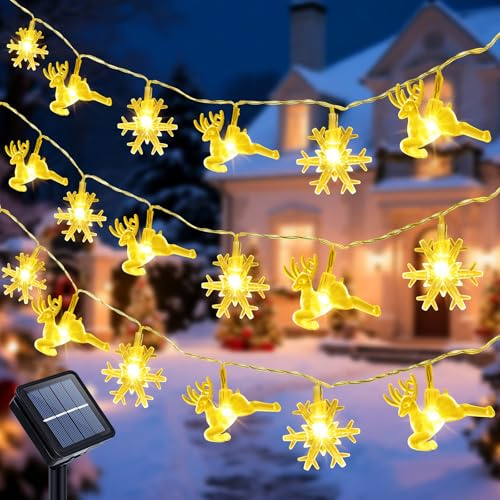 Qoosea Solar Cadena de Luces Copo de Nieve Exterior, 7M 50 LED Renos Solares Luces de Hadas Impermeable 8 Modos, Guirnalda Luces para Navidad, Boda, Fiesta, Jardín, Patio Decorativas, Blanco Cálido