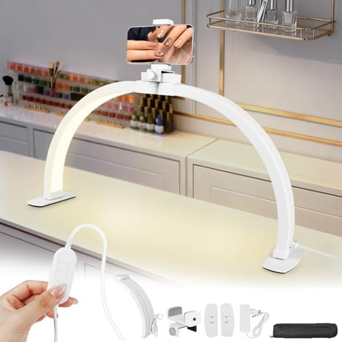 LPQKCcY Luz de Media Luna para Escritorio, 22 plegable Lampara Media Luna con Soporte para Teléfono, 3 Modos de Color y 10 Niveles de Brillo Ajustables, Adecuada para Manicura, Belleza y Tatuajes