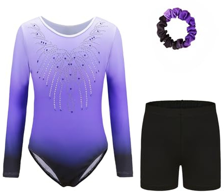 Wuchxiaen Gymnastics Leotards for Girls Set, Three-Piece Leotard with Shorts Hairband, Gradient Dance Unitards Biketards Outfit (Purple, Tag 8A(7-8 Years))