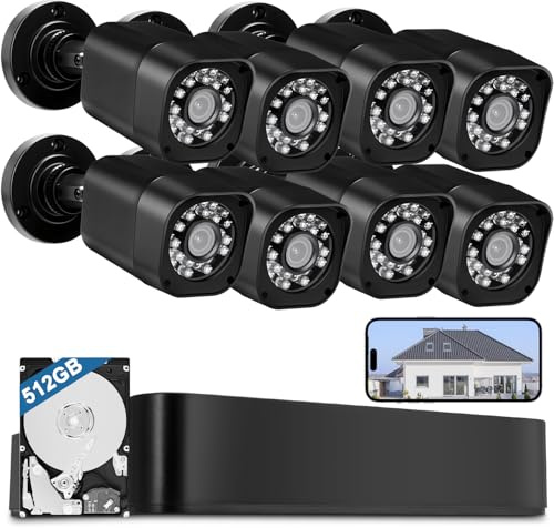 8CH 1080P Wired Security Camera System, AIWIXEN 8 x Surveillance Security Cameras Outdoor Home with Human Vehicle Detection, CCTV DVR with 512GB HDD, Remote Access, IP68 Waterproof, 24-7 Recording