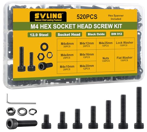 SVLING 520Pcs M4 Screws Assortment Kit,Hex Socket Head Cap Screws Bolts Nuts Washer Set,12.9 Grade Alloy Steel,Black Oxide M4 x 6/8/10/12/16/20/25mm,for 3D Printer,DIY Project