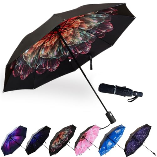 LLanxiry Compact Travel Umbrella, 44 Canopy, Automatic Open/Close Windproof Umbrella, 210T Pongee, 8-Rib Fiberglass, Travel Size Mini, Portable Rain/Sun Umbrellas UPF 50+ with Cover