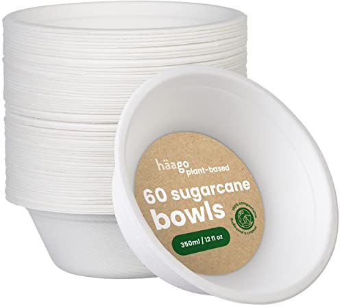 HAAGO - 50 Boles de Caña de Azúcar, Boles de Papel Resistentes - Bol Compostables para Fiestas, Biodegradables, Desechables para Comida Fría y Caliente - 350ml
