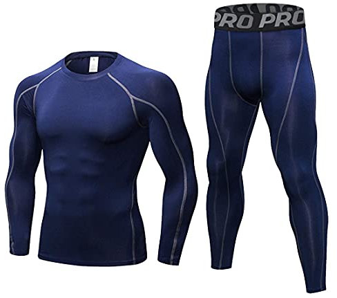 LANBAOSI Men's Gym Running Base Layer Top and Leggings Set Long Sleeve Compression Shirt Tights Thermal Underwear Suit, Navy Blue, XXL