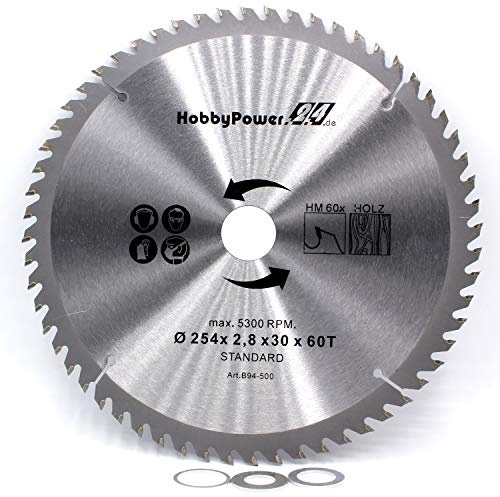 1 Kreissägeblatt Sägeblatt 254x30mm 60 Zähne + 3 Reduzierringe auf 25,4/20 / 16 mm für Scheppach Tischkreissäge HS105, HS110