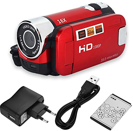 Qiilu Videocámara Digital, Full HD 270 ° Rotación 1080P 16X Videocámara Digital de Alta definición Cámara de Video DV(Rojo)