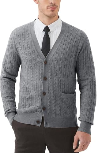 Kallspin Cardigan pour Homme Boutonné en Laine à Col en V et à Manches Longues Tricot Torsadé Gilets