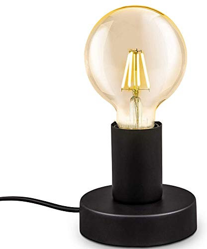 ChaoZan Lampada da tavolo,E27 lampadina,con spina interruttore sul cavo,diametro 10cm,abat-jour da comodino piccola in metallo nero opaco,luce da lettura vintage industriale,non inclusa lampadina