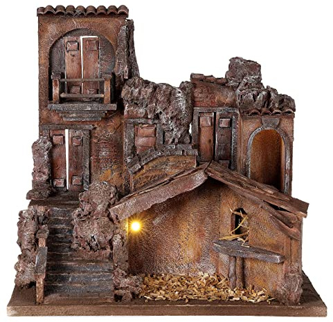 Holyart Village crèche illuminé avec étable 45x45x35 cm pour santons 10 cm