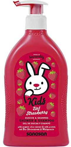 sanosan 2in1 Dusche & Shampoo Erdbeere für Kinder & Baby 400 ml - Duschgel & Haarshampoo mit Bio Olivenextrakt & Milchprotein - Haarpflege, Hautpflege, Shower Gel, Haar Shampoo
