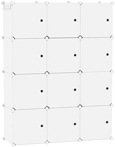 C&AHOME Würfelförmiger Aufbewahrungs-Organizer mit Türen, 12-Würfel-Regalbretter, Schrankschrank, DIY-Modul-Bücherregal aus Kunststoff, 36,6 L x 12,4 B x 48,4 H, milchig, USHS3012M-DOOR