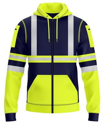 NOROZE Herren Kapuzenpullover mit Reißverschluss vorne reflektierend hohe Sichtbarkeit Sicherheitsmantel Taschen Sweatshirt Jacke (XXL, Stil 2: Neongrün/Marine)