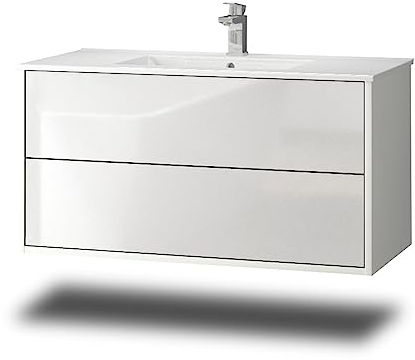 Stil.Zeit Evelia Badmöbel inkl. Waschbecken | Waschtisch mit Unterschrank 100.5 cm | Weiß/Hochglanz Weiss | Push-to-Open/hängend