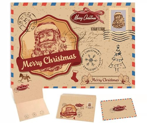Tarjetas Navidad con Sobres Kraft – Set de 15 Tarjetas Navideñas Vintage con Papá Noel, Postales A6 para Felicitaciones y Saludos de Navidad a Familia, Niños y Amigos