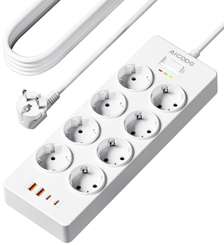 AICODE Flera grenuttag, 8-vägs grenuttag med 4 USB (2 USB C), väggmonterat grenuttag (4000 W) med överspänningsskydd 1050J och 1,5 m förlängningskabel för smartphones, bärbar dator, vit