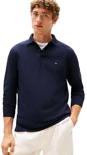 Tommy Hilfiger Men's Long Sleeve Polo Shirts in Regular Fit with Stretch and Organic Pique Cotton, Desert Sky, Large