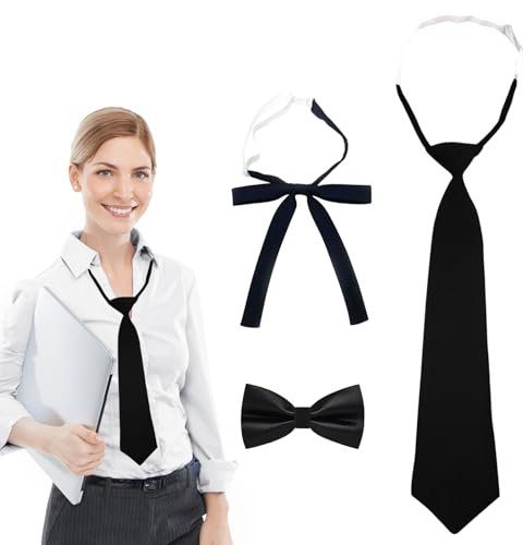 BORISCA 3 Pièces Cravates Femme, Cravate Réglable pour filles, cravates uniforme JK, Cravate Noire pour Mariage, Fêtes, Séances