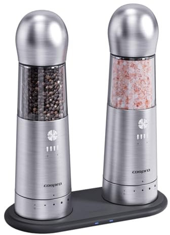 COSPRO Electric Salt and Pepper Grinder Set of 2 – Rechargeable Stainless Steel Mills with Qi-Wireless Charging Base | One-Hand Operation | Adjustable Coarseness | Easy Clean | Automatic Spice Grinder