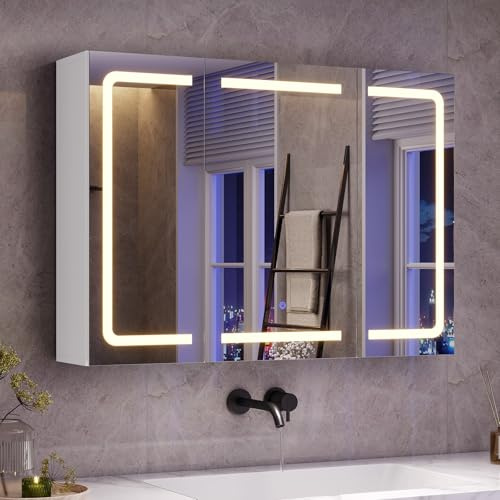 mojiasion Armario de Baño con Espejo Iluminación LED｜3 Temperaturas de Color Dimmable｜Toma de Corriente Integrada｜3 Estantes Ajustables｜Sensor Táctil｜60x80x16 cm (AlxAnxFo)
