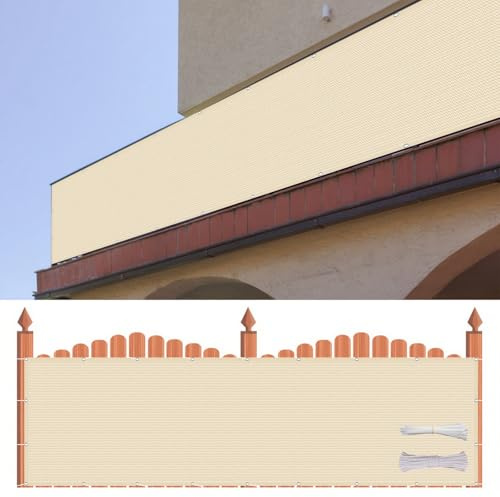 Balkonumrandung Sichtschutz 200 x 400 cm HDPE Gewebe, Windschutz, Sonnenschutz, Atmungsaktiv, Blickdichte Balkonumspannung mit Kabelbinder Und Kordel für Balkon, Terrasse, Garten, Creme Farben