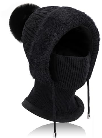 AYPOW Winter Warm Strickmütze Halswärmer-Sets Damen, 3 in 1 Beanie Wintermütze mit Weiches Thermo Fleece Gefüttert, Multifunktional Verstellbar Sturmhaube Gesichtsmaske Frauen für Outdoor-Sportarten
