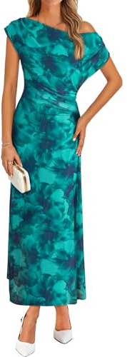 BLENCOT Women's Off Shoulder Floral Maxi Dress Elegant Ruched Waisted Mesh Printed Formal Wedding Guest Cocktail Party Dresses Green S