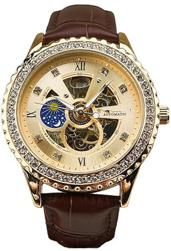 GOODLIYA Lyxig automatisk mekanisk klocka för män, månfas skelett urtavla med simulerade Tourbillon diamantmarkörer och självuppdragande bezel