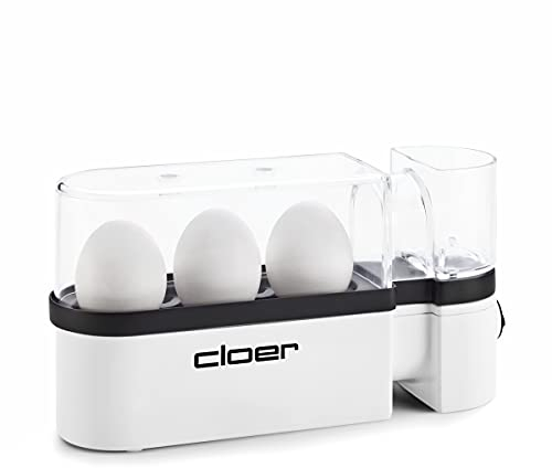 Cloer 6021 Eierkocher, bis zu 3 Eier, herausnehmbarer Eierträger, Servierfunktion, 300 Watt, Kunststoff, Weiß