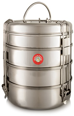 Indian-Tiffin Large Family Size 4 Tier, with Bowls, Spoons & Trays