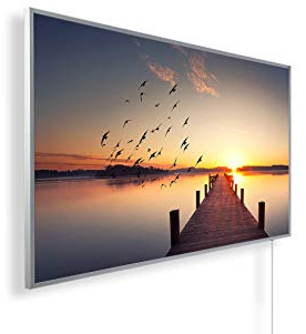 Infrarotheizung mit Bild – Bildmotiv – TÜV SÜD - 1200 Watt Bildheizung + Smart Thermostat + Könighaus APP - Weißer Rahmen (02. Steg Vögel)