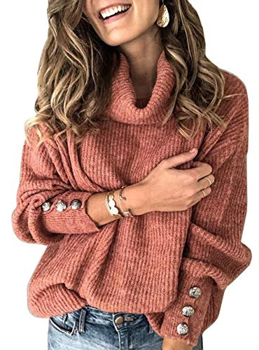 Sovelen Women's Oversized Turtleneck Chunky Pullover Sweaters Cowl Neck Long Sleeve Winter Slouchy Loose Knit Sweaters - Red - X-Large