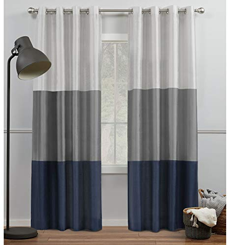 Exclusive Home Curtains Striped Faux Silk Grommet Top Curtain Panel Pair, 100% Polyester, Navy/Grey, 54x84
