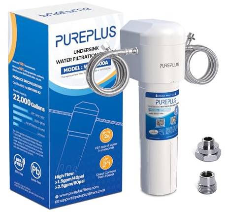 PUREPLUS Under Sink Water Filter System, 22000 Gallons, 99.99% Chlorine Reduction, NSF/ANSI 42 Certified,Removes Heavy Metals,Chlorine, Direct Connect Under Counter Water Filtration System