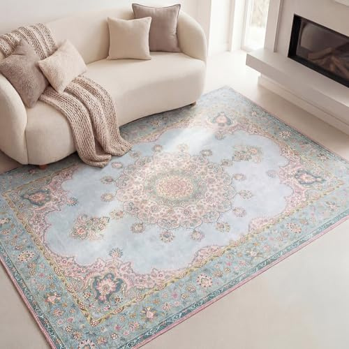 FRAAI | Home & Living Volero Teppich Vintage - Lily Medaillon Hellblau Türkis - Baumwolle, Polyester - Flachgewebe - Vintage - Wohnzimmer, Esszimmer, Schlafzimmer